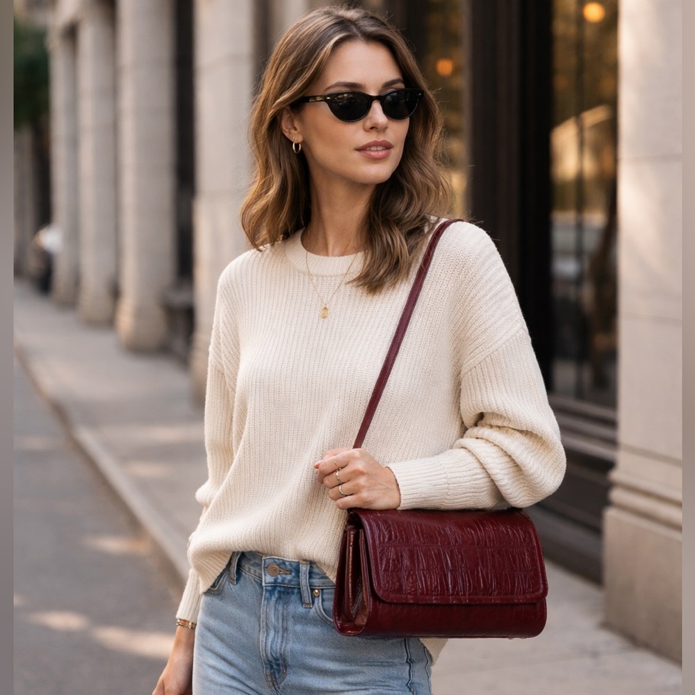 Vintage Eel Skin Burgundy Leather Shoulder Bag Convertible Clutch Minimalist Lux